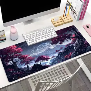 Japanese Cherry Blossom Night Desk Mat XXL, Large Gaming Mouse Pad with Anti-Slip Base, Anime Sakura Mountain Style Desk Pad for Office & Gaming, Aesthetic Desk Mat for Gamers, Nice Presen, Trendy Art Desk Mat for Home Office Gaming Setup Teens Girls Boys