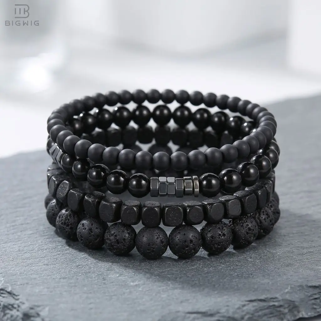 4Pcs Men's Stackable Bead Bracelet Set - Black Lava Rock & Matte Onyx Versatile Adjustable Cool Aesthetic Jewelry for Daily Wear, Gifts For Him,Fathers day gift, men accessories Anklets summerwins FathersDayGift