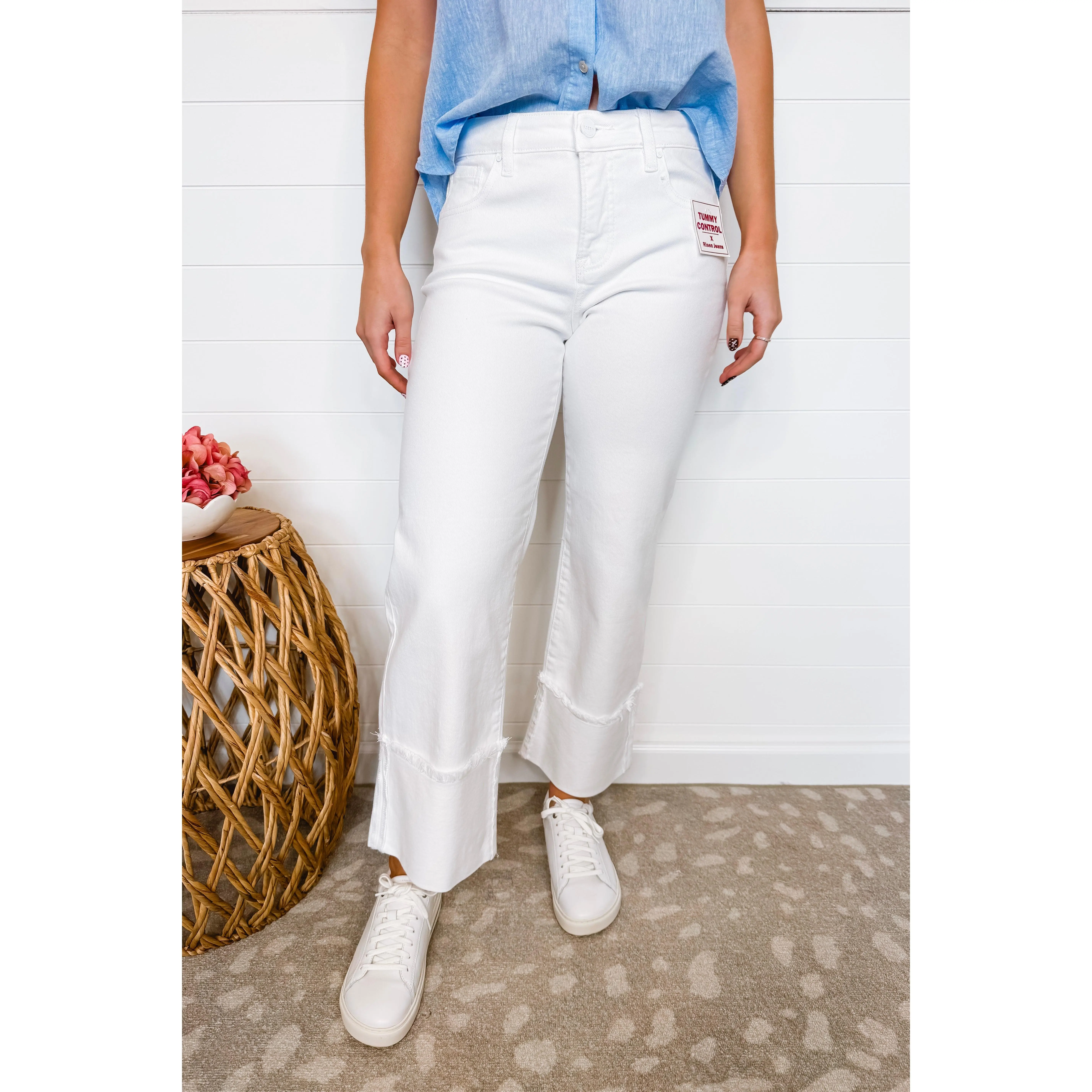 Candace Mid Rise Wide Leg Cuffed Risen Jeans - White