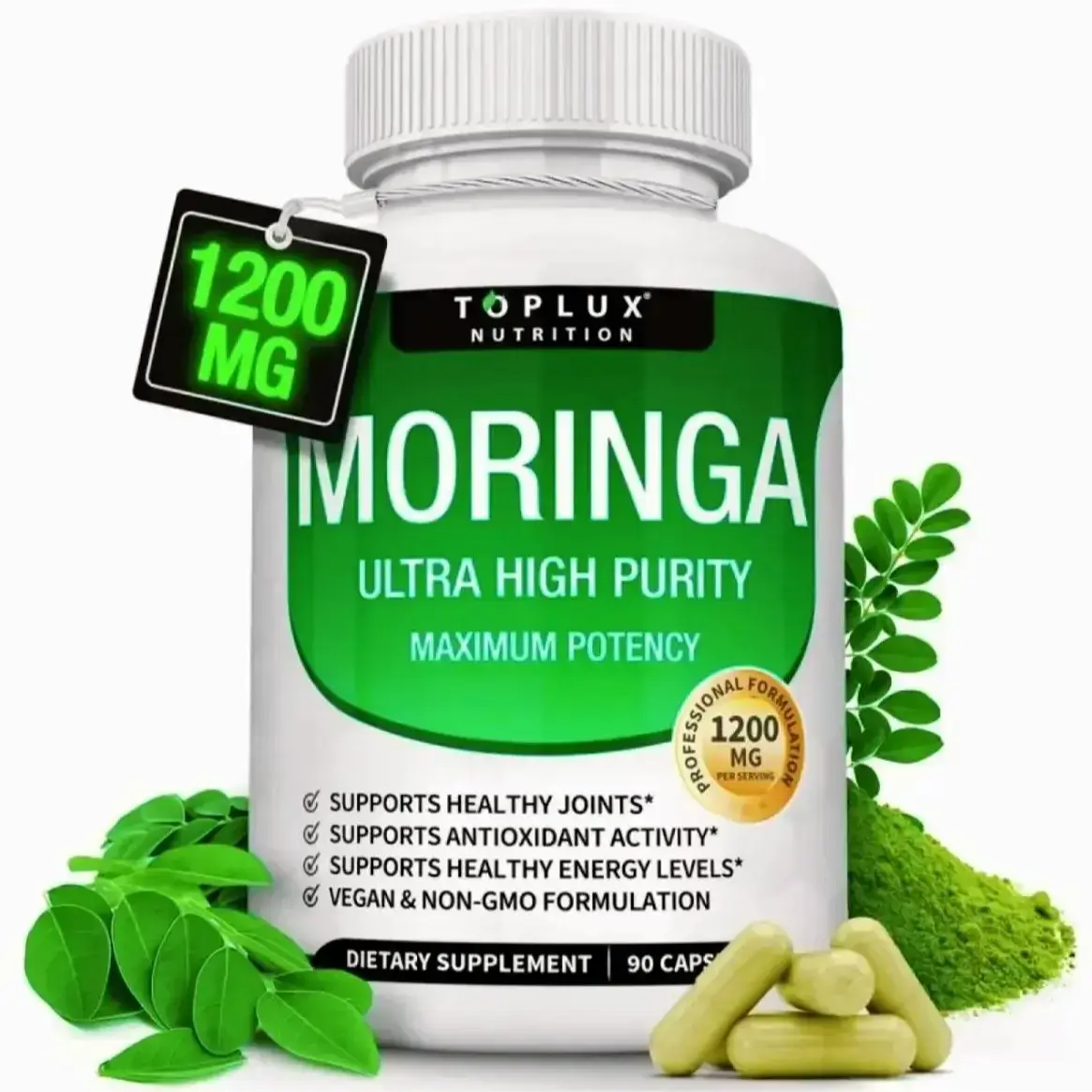 （Flash Sale 3 bottles）Moringa Capsules 1000mg+200 1200mg - Pure Moringa Immune and Gut Health Powder 90 capsules, Indian luxury Moringa, female probiotics, male vitamins Healthcare Dietary Edible Supplement Fitness Bathroom