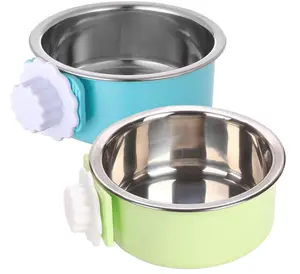 kathson Crate Dog Bowl, Removable Stainless Steel Hanging Pet Kennel Cage Bowl Food & Water Feeder Coop Cup for Puppy, Cat, Rabbit,Guinea Pigs 2pcs (Blue,Green)
