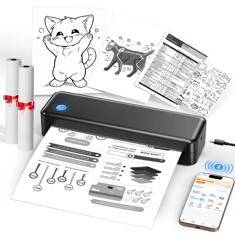 Portable Printer Wireless for Travel, Inkless Thermal Printer Supports 8.5 x 11 Inch Thermal Paper, Bluetooth Compatible with iOS, Android, Laptop Includes 2 Rolls & 10 Sheets of Paper Kit