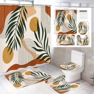 1/4pcs Boho Mid-Century Modern Bathroom Decor Set - Abstract Botanical Shower Curtain & Coordinating Bath Mats in Forest Green, Burnt Terracotta, Mustard Yellow for a Refreshing Spring Vibe - Perfect Home Decor for Seasonal Renewal