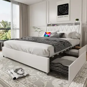 Queen Bed Frame with Storage Headboard, Platform Bed Frame Queen Size with Outlets & Charger, Metal Bed Frame Queen Size with Storage Shelf, Noise-Free, No Box Spring Needed