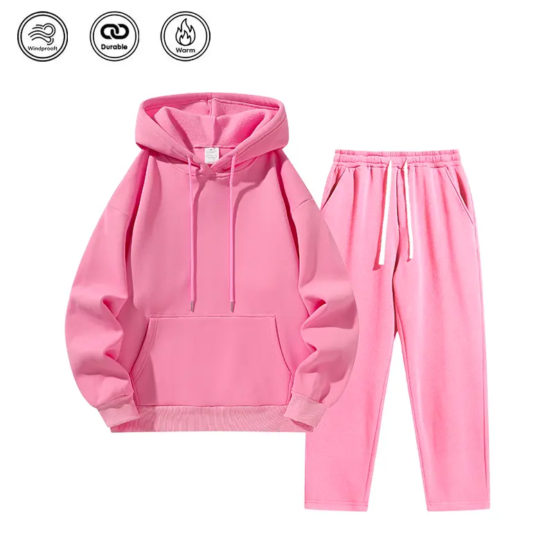 Women’s solid-color hooded sweatshirt  featuring a loose-fit long-sleeve pullover hoodie and straight wide-leg sweatpants; a casual, warm two-piece outfit for everyday wear. matching sets women fall