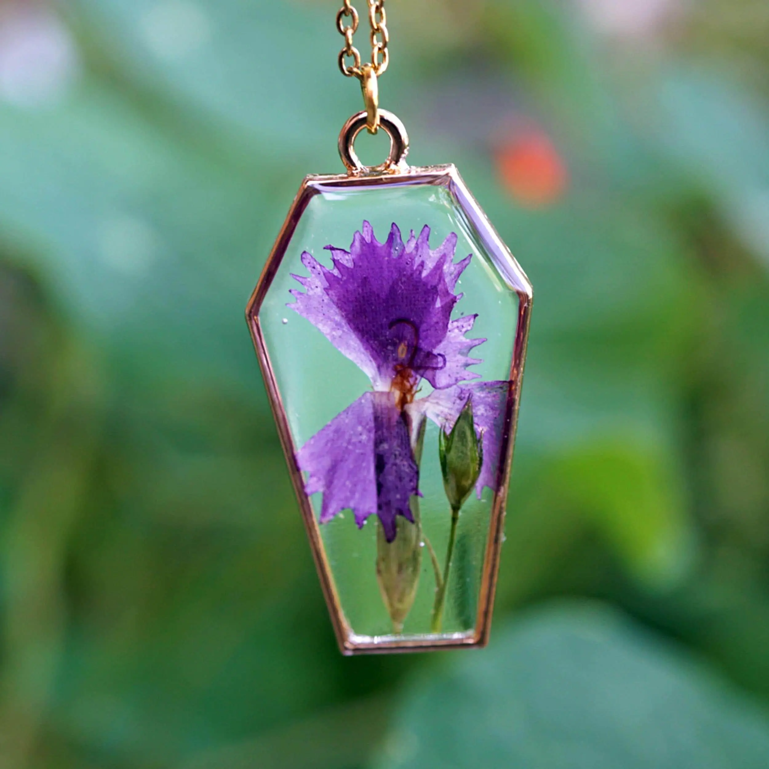 Purple Flower Coffin Botanical Necklace, Pressed Dianthus , resin coffin, gold, Carnation, spooky coffin, coffin necklace, halloween jewelry