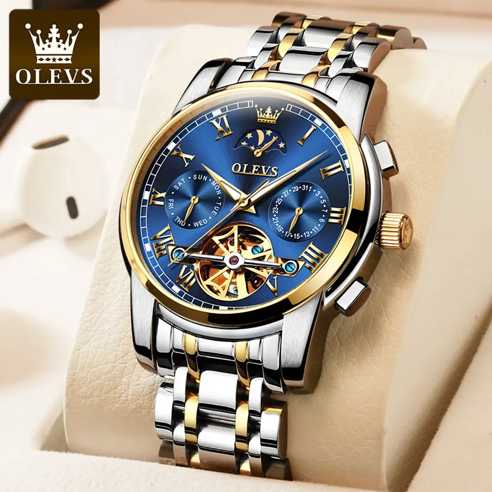 OLEVS Mens Automatic Watches Skeleton Tourbillon Mechanical Self Winding Luxury Dress Wrist Watch Moon Phase Day Date Waterproof Luminous Watch Gifts 6617 Reloj mecánico para hombre