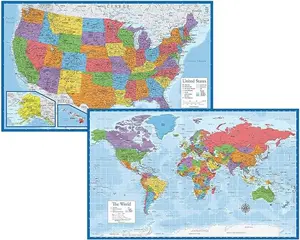 Laminated World Map & US Map Poster Set - 18" x 29" - Wall Chart Maps of the World & United States - Made in the USA (LAMINATED)