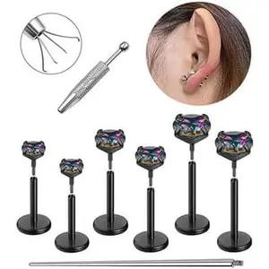 Flat Back Stud Earrings for Women Hypoallergenic Surgical Stainless Steel Internal Thread Tragus Helix Cartilage Conch Nose Monroe Labret Medusa Piercing Jewelry /Be Equipped With Piercing Ball Grabber Tool(18G/20G - Gold/Silver/Black/Rose Gold)