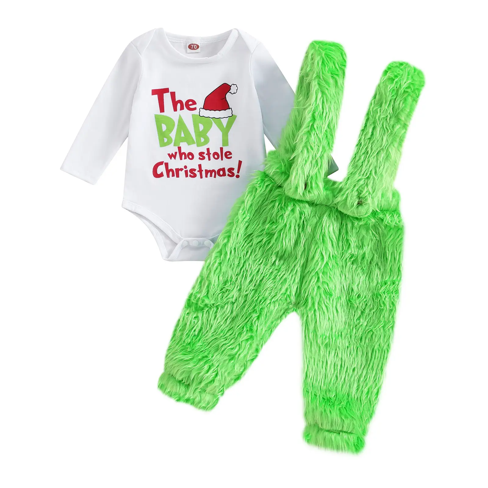 Baby Christmas Outfit Boys Girls Long Sleeves Romper Bodysuit + Green Furry Suspender Trousers Newborn Infant Baby First Christmas Clothes Set