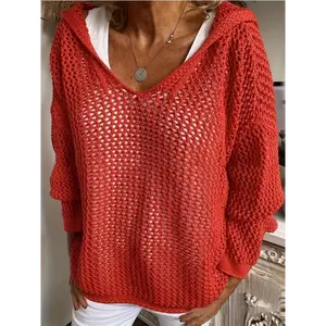 Casual Long Sleeve Hooded Sweater - Hollow Out V-neck Knitted - Women's Clothing Coverup
