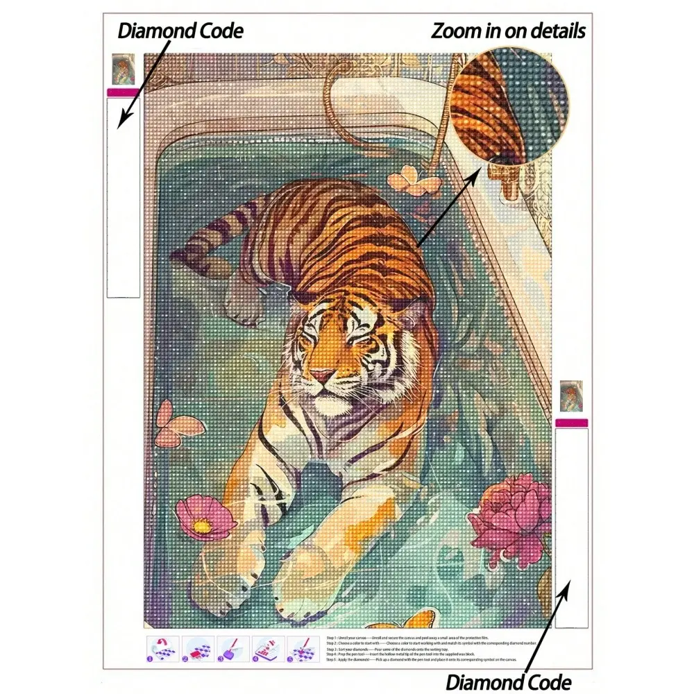 | 5D DIY Diamond Painting | Animal Diamond Art Set, Featuring A Tiger Paw Elegantly Resting In A Bathtub. Rhinestones Full Mosaic Crafts Kit Diy Kits. HD Art Diamond. Gift Diamond Painting, Concentrate And Calm Your Mood Through DIY