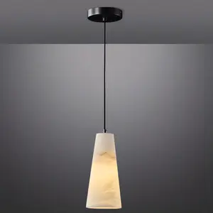 Natural Alabaster Pendant Lights Kitchen Island, H-10in White Pendant Light Fixtures, Light Pendant Marble Conical Shade Black, for Bedroom Bathroom Dining Room Living Room (Dimmable Bulbs INCL)