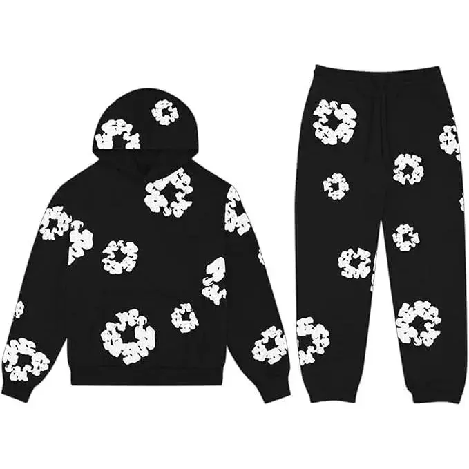 Minimalist Black Floral Hoodie & Sweatpants Set for Men & Women – Unisex Oversized Streetwear Tracksuit, Casual Pullover Hoodie & Jogger Pants Matching Outfit, Adult Sizes S–5XL
