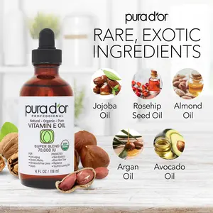 PURA D'OR Organic Vitamin E Oil Blend 70,000 IU (4oz / 118mL) Natural Hexane Free, Sweet Almond, Apricot, Jojoba, Argan, Rosehip, Sunflower & Avocado Bath Oil for Scars, Skin, Face & Full Body