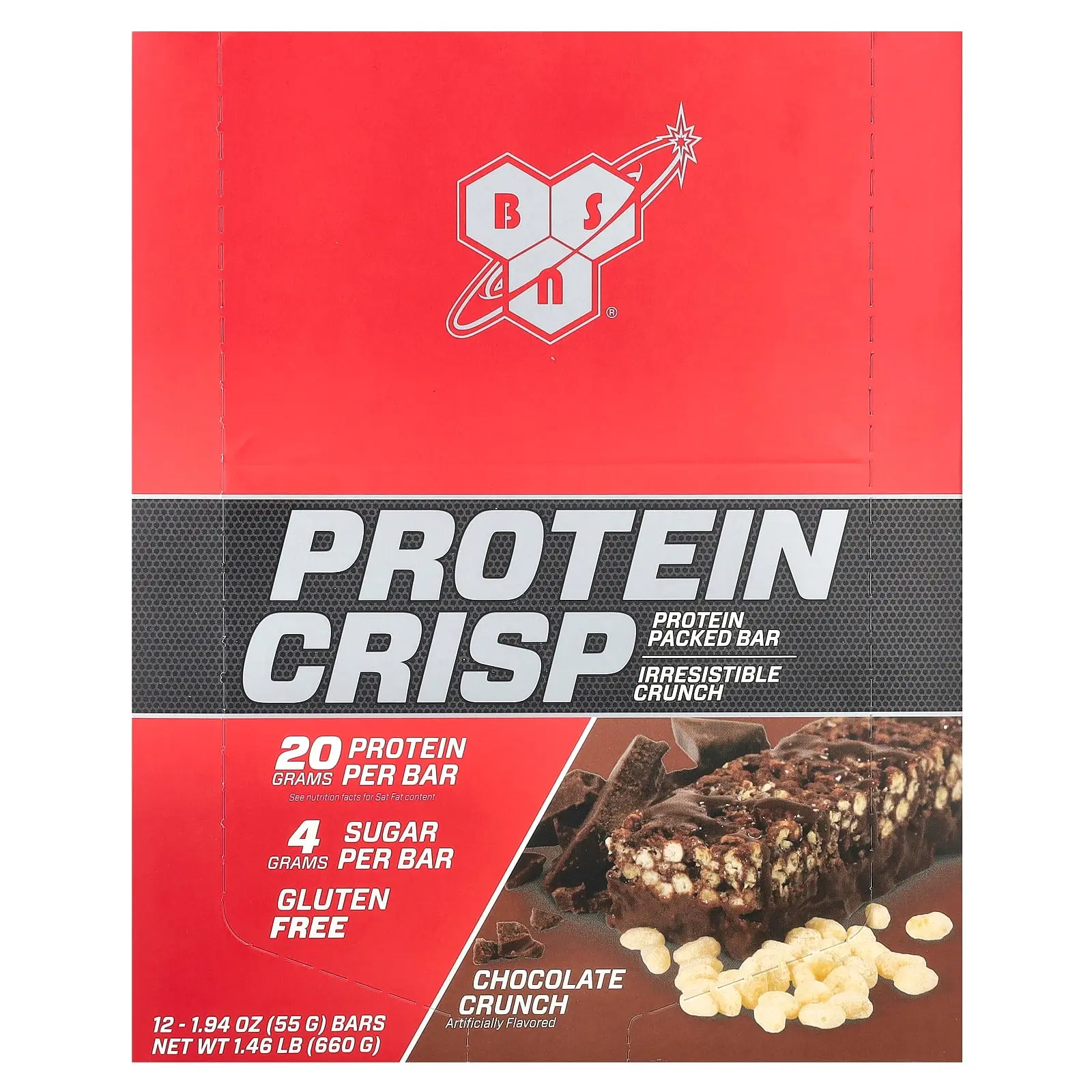 BSN Protein Crisp, Chocolate Crunch, 12 Bars, 1.94 oz (55 g) Each BSN Protein Crisp, Chocolate Crunch, 12 Bars, 1.94 oz (55 g) Each