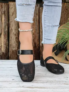 2026 Summer Hollow Out Mesh Square Toe Lace Mary Jane Shoes, Breathable Flat Shoes, Soft Sole Versatile Buckle Single Shoe