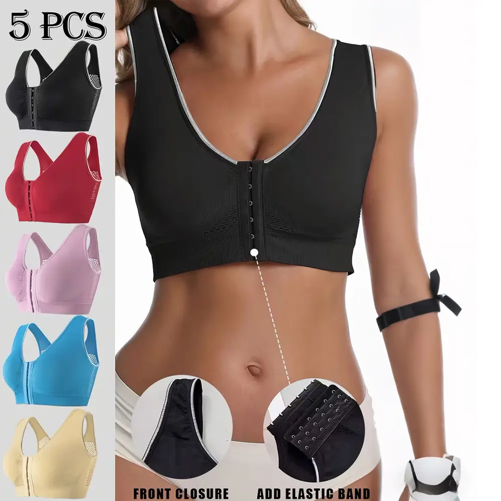 Women's Full Coverage Wireless Sports Bra with Underwire Support Breathable Mesh Removable Pads V-Neck Seamless Gym Bra for Running Yoga Workout Multi-Color Hand Washable Comfort Fit