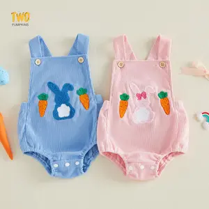 Baby Easter Romper Overalls Bunny Carrot Embroidery Sleeveless Square Neck Jumpsuit
