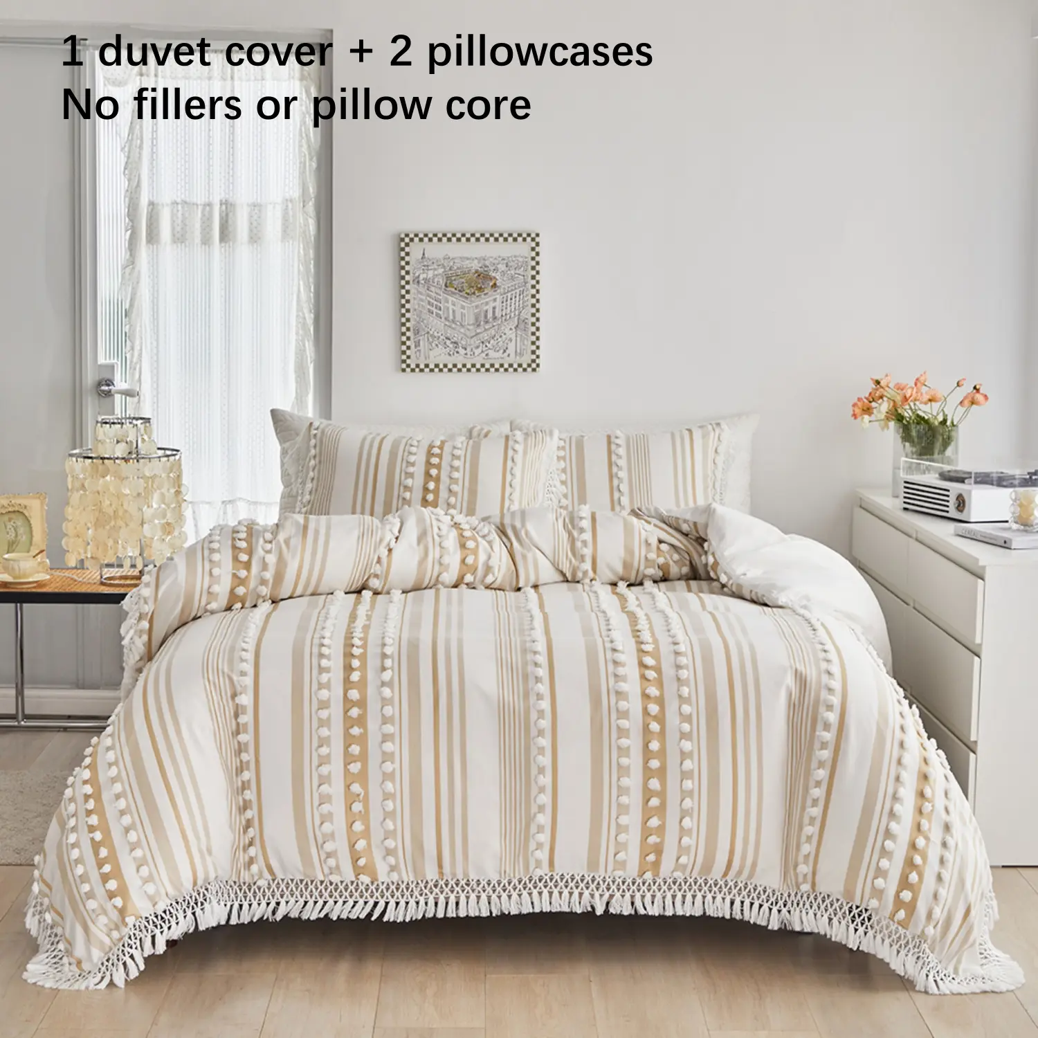 Pom Poms Tassel Striped Duvet Cover Set, Super Soft Lightweight Microfiber, Ball Fringe Pattern And Tassel Design Boho Bedding Set, Zipper Closure and Ties, 3 PCS, Decorative Duvet Cover, Comfy Bed Sets - Khaki