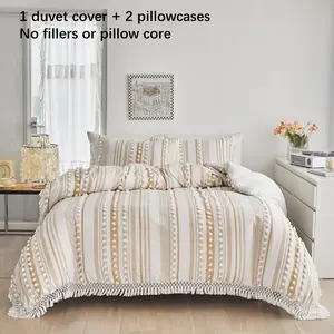Pom Poms Tassel Duvet Cover Set, Super Soft Lightweight Microfiber, Ball Fringe Pattern And Tassel Design Boho Bedding Set, Zipper Closure and Ties, 3 PCS - Khaki