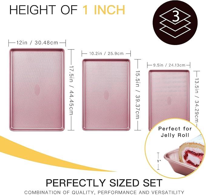 [BF&CM]HONGBAKE Diamond-Texture Baking Sheet Pan Set, Non-Stick Cookie Sheets, Teflon-Free Heavy Duty Bakeware - 3 Sizes, Baker, Pink Kitchenware Cooking