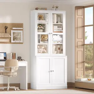 FOTOSOK 73" Tall 6-Tier Bookcase with Glass Doors, Tall Bookshelf with Adjustable Shelf, 14.4" Deep Bookshelf with Storage Cabinet, Modern Bookshelf Glass Display Cabinet for Home Office, Living Room