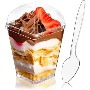50Pack 5oz Plastic Dessert Cups with  and Spoons, Square Clear Parfait Appetizer Cups, Mini  Shooter Serving Cups, Party Dessert Shot Glasses for Tasting