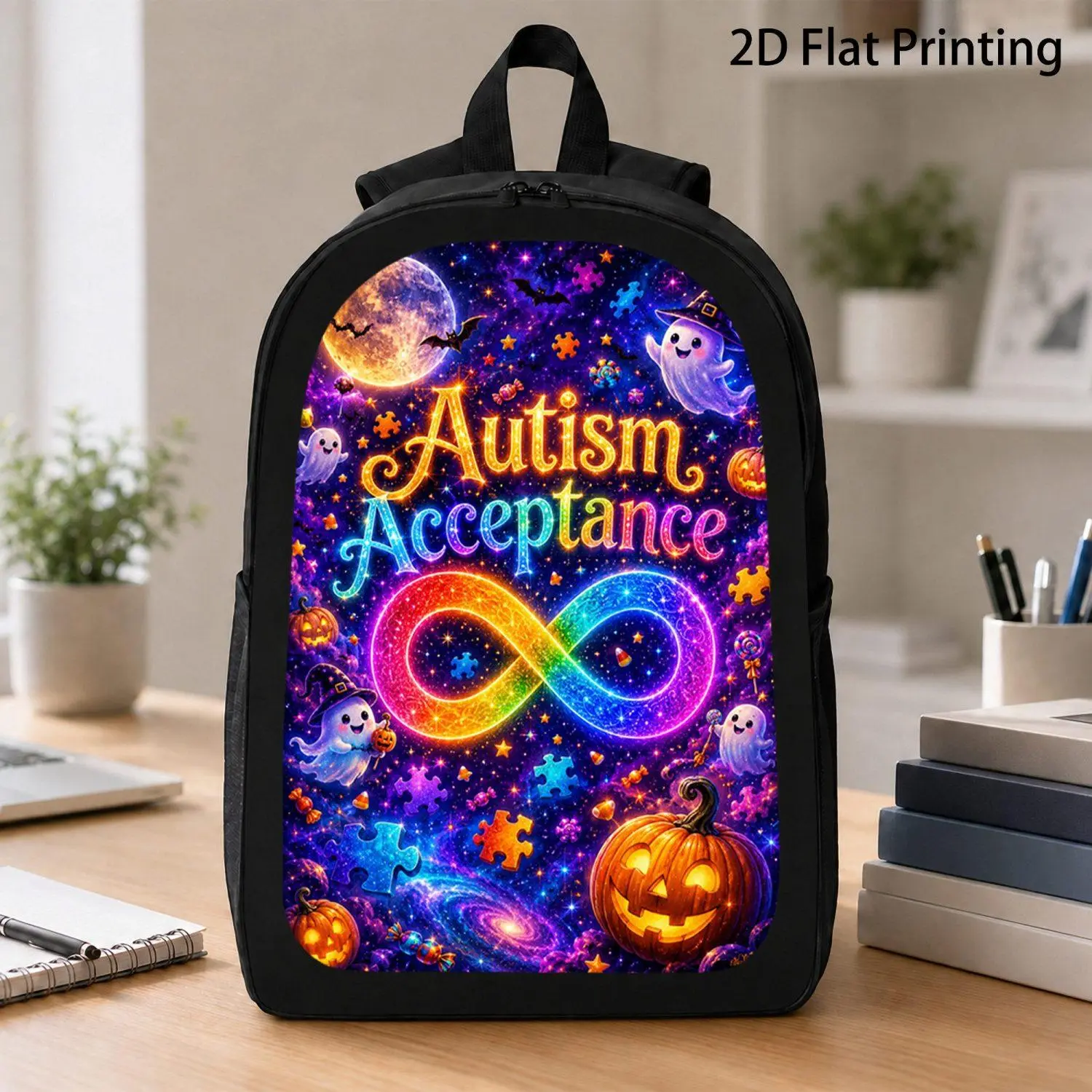 [17 Inch Backpack] 1pc Autism Acceptance Glowing Galaxy Ghost Pumpkin Infinity Puzzle Backpack Trending Autism Awareness Halloween Design Backpack For Outdoor Daily Travel