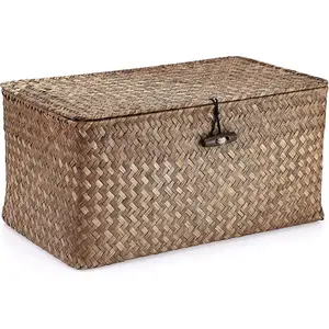 Wicker Shelf Baskets Bin with Lid, Handwoven Seagrass Storage Bins Rectangular Household Basket Boxes for Shelf Wardrobe Home Organizer, Coffee Medium