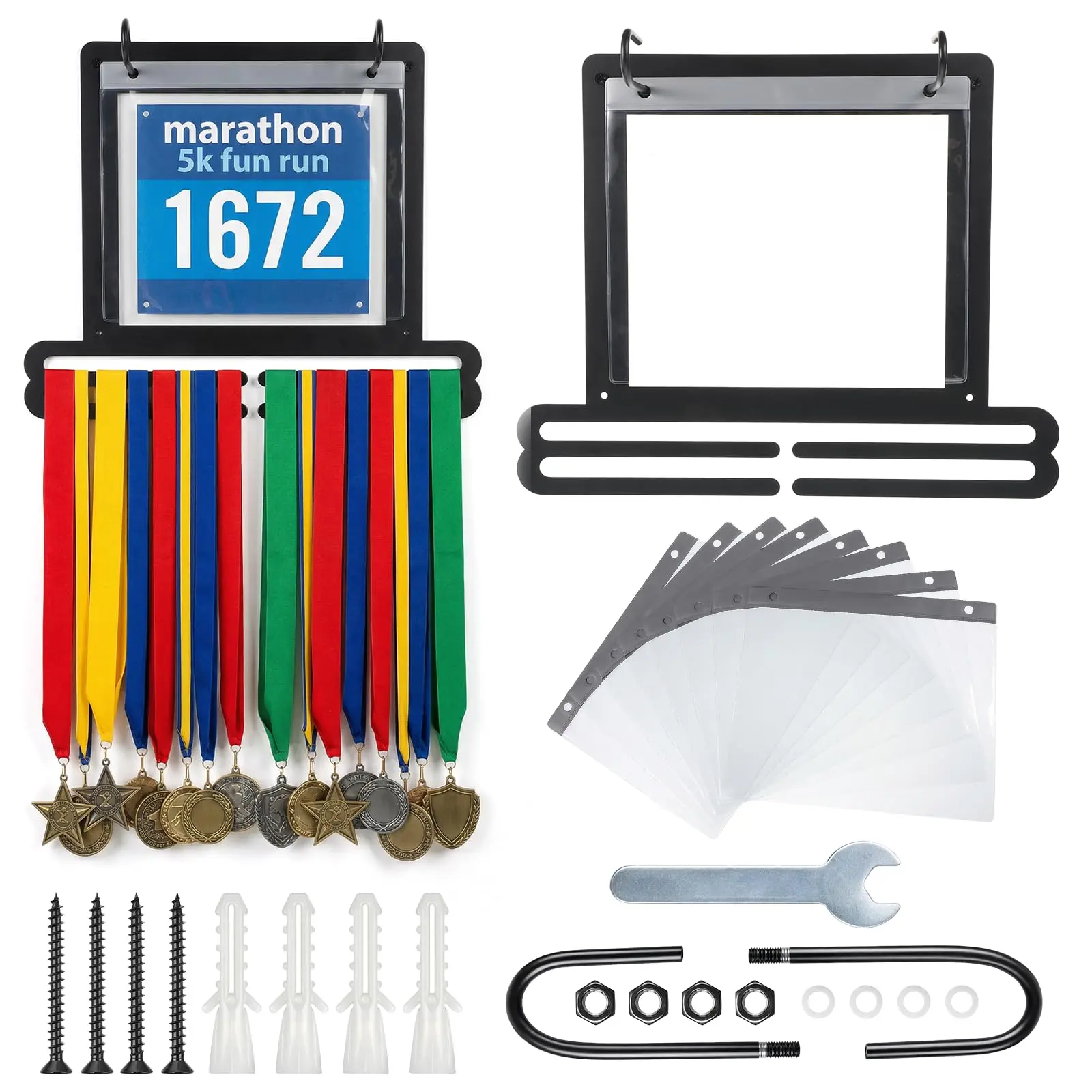 Race Bib & Medal Display Hanger – 40+ Medals, 100 Bibs, Bib Holder | Includes 10 Flip Vinyl Sleeves — Protect & Display 100 Race Bibs from Marathons, 5Ks & Triathlons