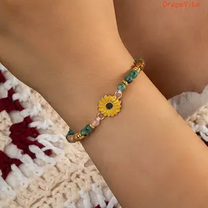 Handmade Adjustable Sunflower Stone Bracelet Inspirational Quote Flower‑Design Fashion Jewelry For Women Daily Wear