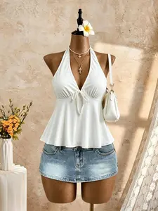 Summer New Women's Halter V-Neck Ruffle Top, Front Tie Sleeveless Vest, Flowy Ruffle Hem, Sexy Back Bow Halter Strap, Casual Beach Wear