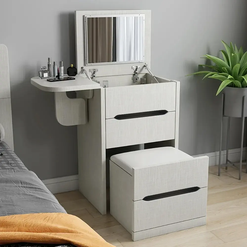Homary Nordic Folding White Mini Dressing Table with 2 Drawers, Storage Stool and Mirror, Two Drawers
