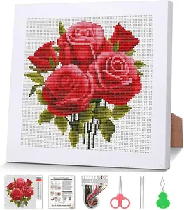 Red Roses Cross Stitch Kits for Beginner,Flowers Stamped Cross Stitch Kits Crafts for Adults with Wooden Framed,Embroidery Kit for Beginners,Partial 11CT Floral Cross Stitch for Kids 7.9x7.9 inch