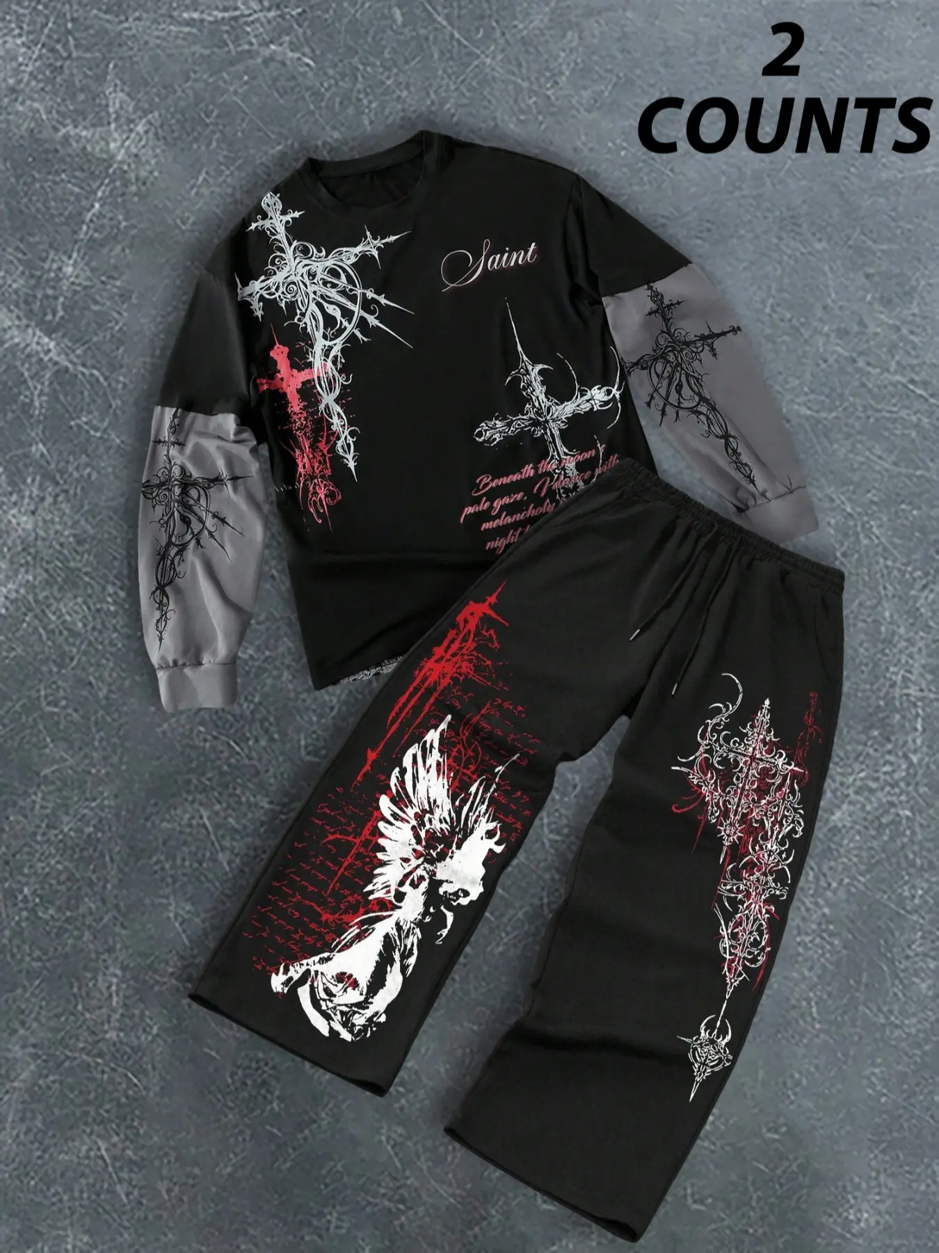 Men's Gothic Cross Angel Print Sportswear Set, Colorblock Long Sleeve Top & Drawstring Pants, Streetwear Style, Fall&winter, Graphic Tracksuit, Tracksuit Sets, Apparel Tracksuit