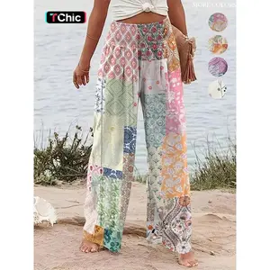Women’s patch-printed elastic wide-leg pants, bohemian casual trousers, suitable for beach vacations, all-season women’s underwear GARMENTARY