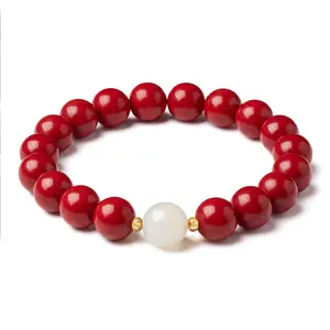 Red Single-Circle Bracelet with White Center Bead and Gold Accents
