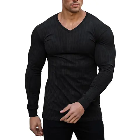 Muscle Cmdr Muscle Cmdr Men's Slim-Fit Ribbed Long-Sleeve V-Neck Thermal Top—blending casual and athletic styles, suitable for both workouts and as an undershirt.