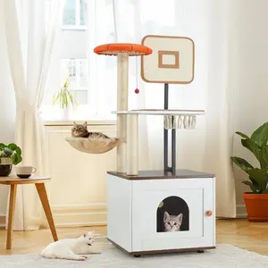 50" Basketball Hoop Cat Tree with Litter Box Enclosure, 2-in-1 Cat Tower & Condo with Scratching Posts, Indoor Cat Furniture for Play, Rest & Storage, Black/White