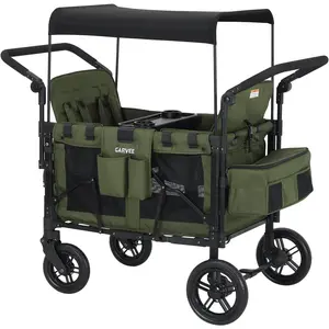 Stroller Wagon for 4 Kids, Premium Quad Stroller Wagon with 4 Convertible Seats, Adjustable Push/Pull Handles, 5-Point Harness Belt, Snack Tray, Removable Canopy & Flat Fold, One-Step Brake, Green