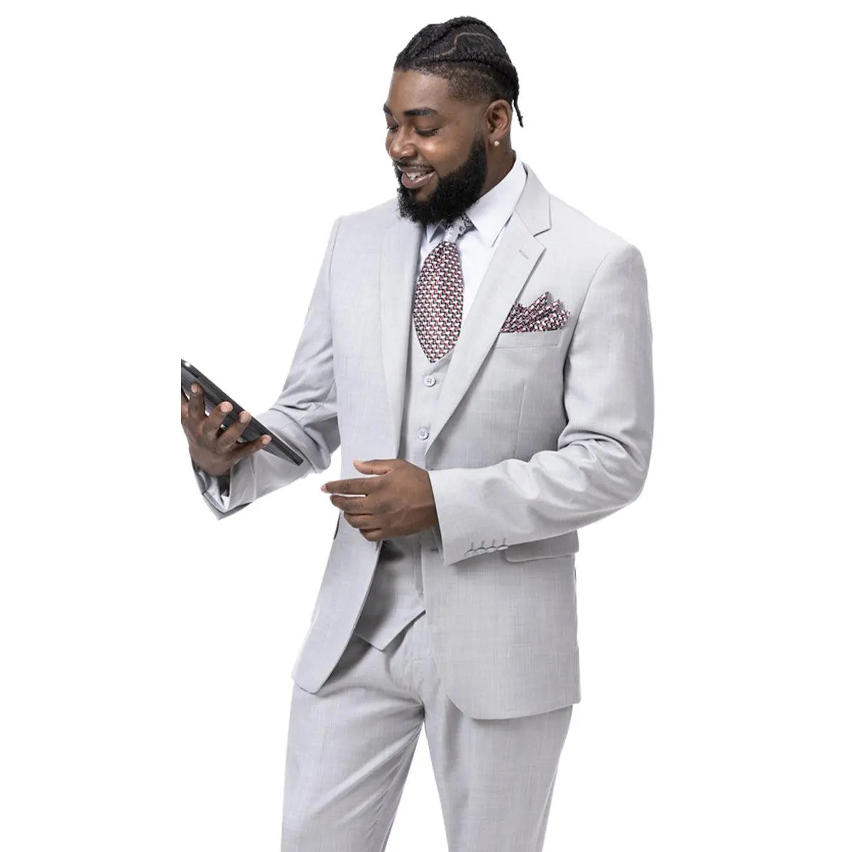 Mens Modern Fit Two Button Vested Sharkskin Business Suit in Light Grey