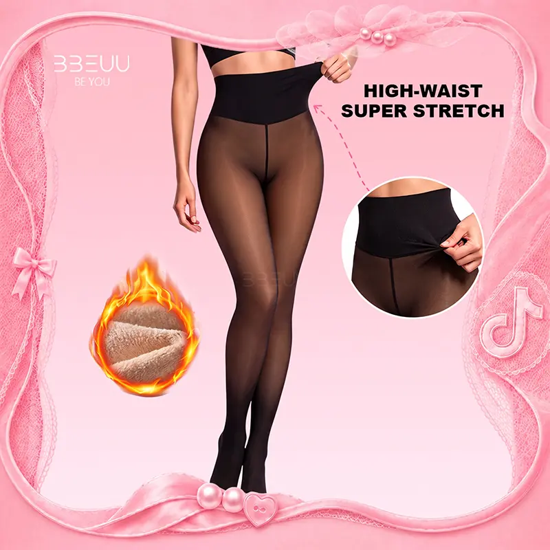 Women 2 in 1 Fleece Lined Tights High Waist Tummy Control Leggings Thermal Warm Winter Fall Autumn Opaque Sheer Look Pantyhose Magic Leggings Butt Lifting Shaping Slimming Tights Soft Cozy Stretchy Thick Stockings Black Brown Beige Plus Size Tall