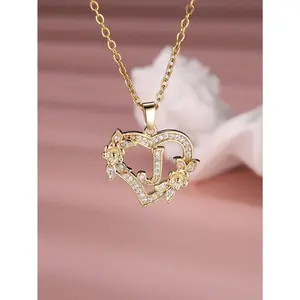 1Pc Exquisite Cubic Zirconia Initial Necklace Heart Carved 26 Letter A-Z And Flower Necklace For Women Daily Decoration