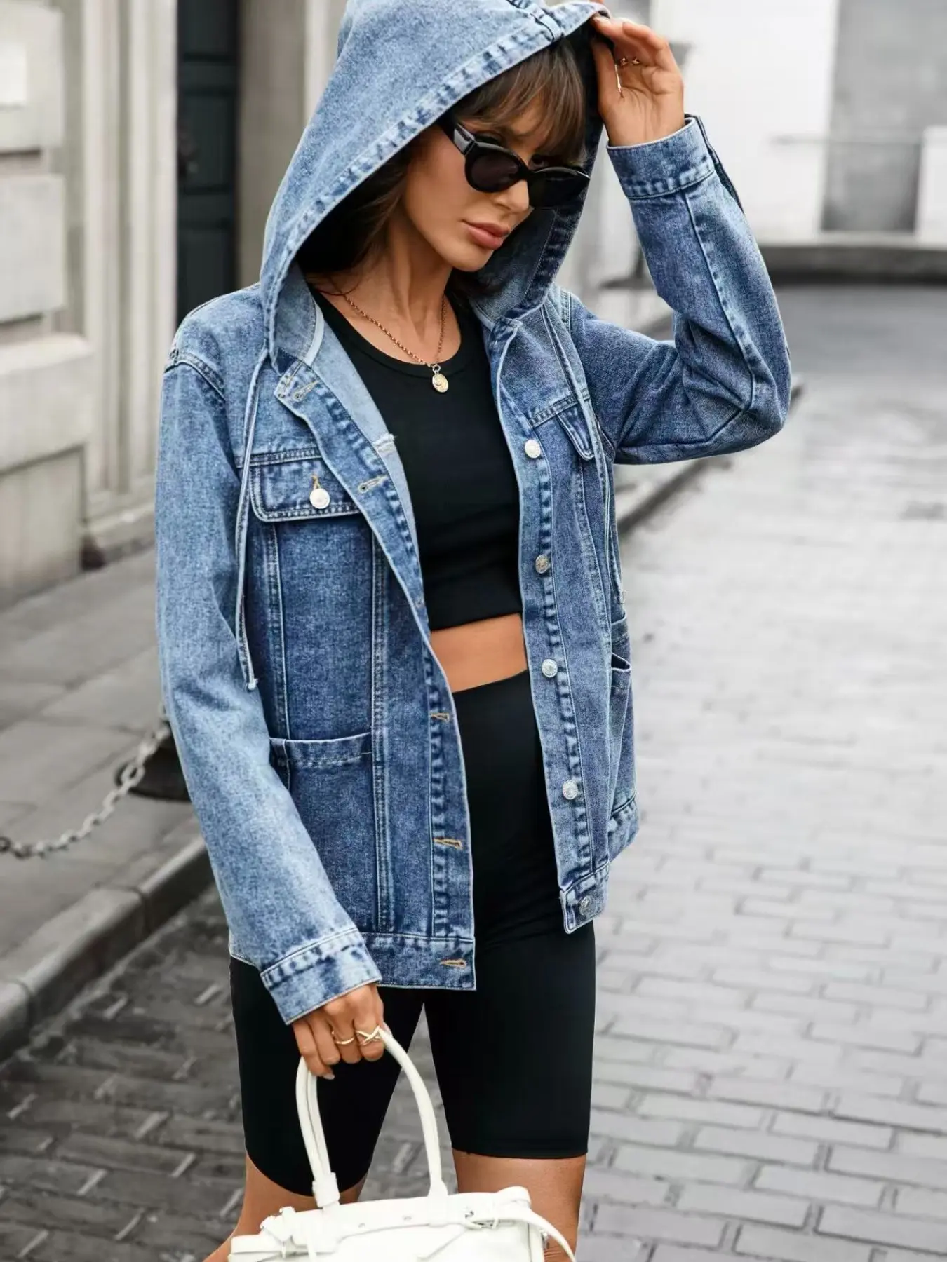 Women's Hooded Denim Jacket Coats, Long Sleeve Single Button Multi-Pocket, Loose Fit Casual Streetwear, Spring & Fall Fashion Outerwear