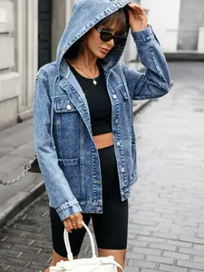 Vintage Loose Fit Hooded Denim Jacket, Washed Single Button Denim Top, Women's Casual Street Style Long Sleeve Hooded Coat, Comfortable and Stylish, Outerwear
