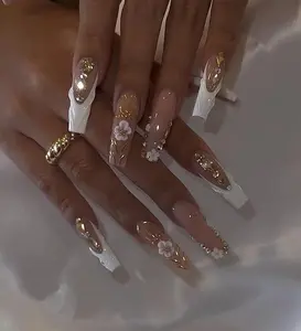 Aura Nails - Flower Nails - Custom Press On Nails with 3D Design, Gold Accents, and Floral Accents, Available in Acrylic, Gel, and French Nails