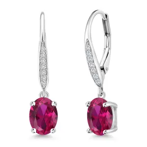 Gem Stone King Dangle Drop Earrings For Women | 925 Sterling Silver | 8X6MM Oval Gemstone Birthstone and White Lab Grown Diamond Leverback Earrings