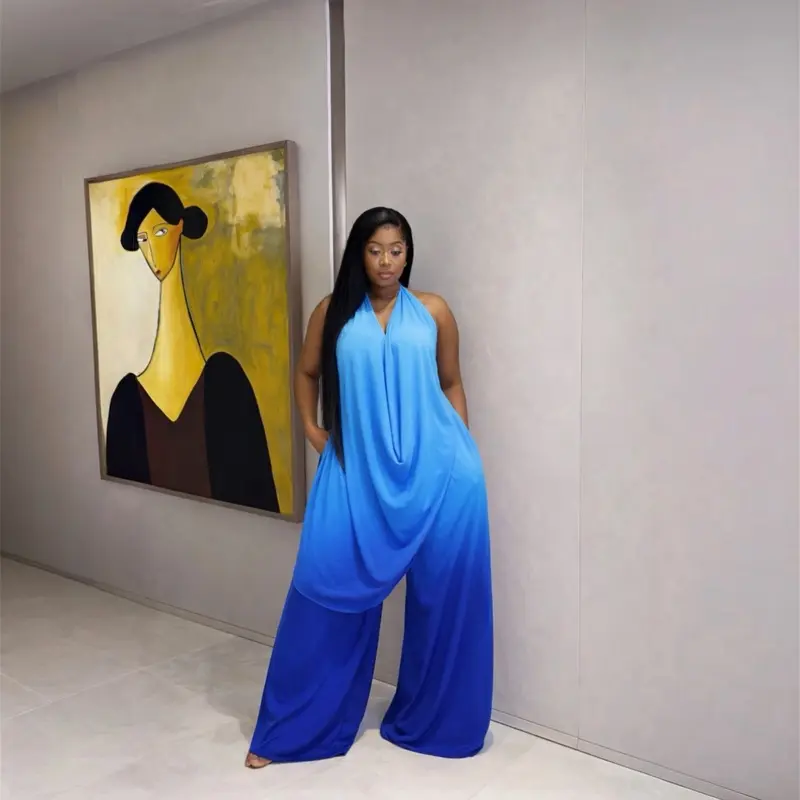 Women's Monaco 2-Piece Peplum Set - Chic Sleeveless Halter Drape Top, Wide-Leg Trousers, Lightweight Breathable Fabric, True Size Fit, Flowing Layered Design for Evening Events, Soft Womenswear, Flowing Layered Peplum