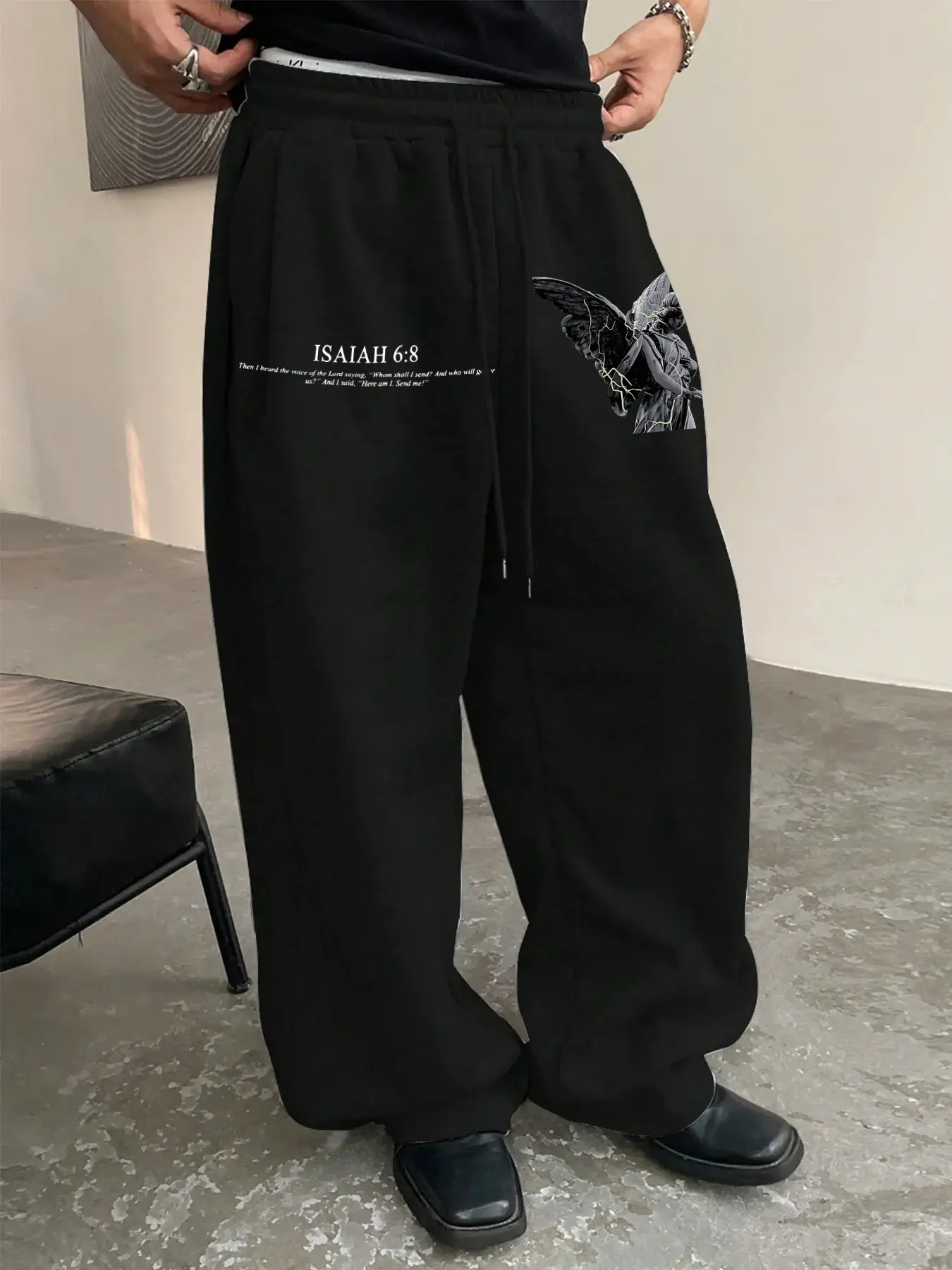 Men's Drawstring Waist Printed Knit Sweatpants with Angel Print, Comfortable Stylish Casual Menswear Pants for Daily Wear, Suitable for Fall & Winter